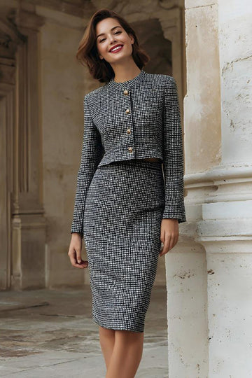 2 Piece Grey Tweed Pencil Single Breasted Work Dress